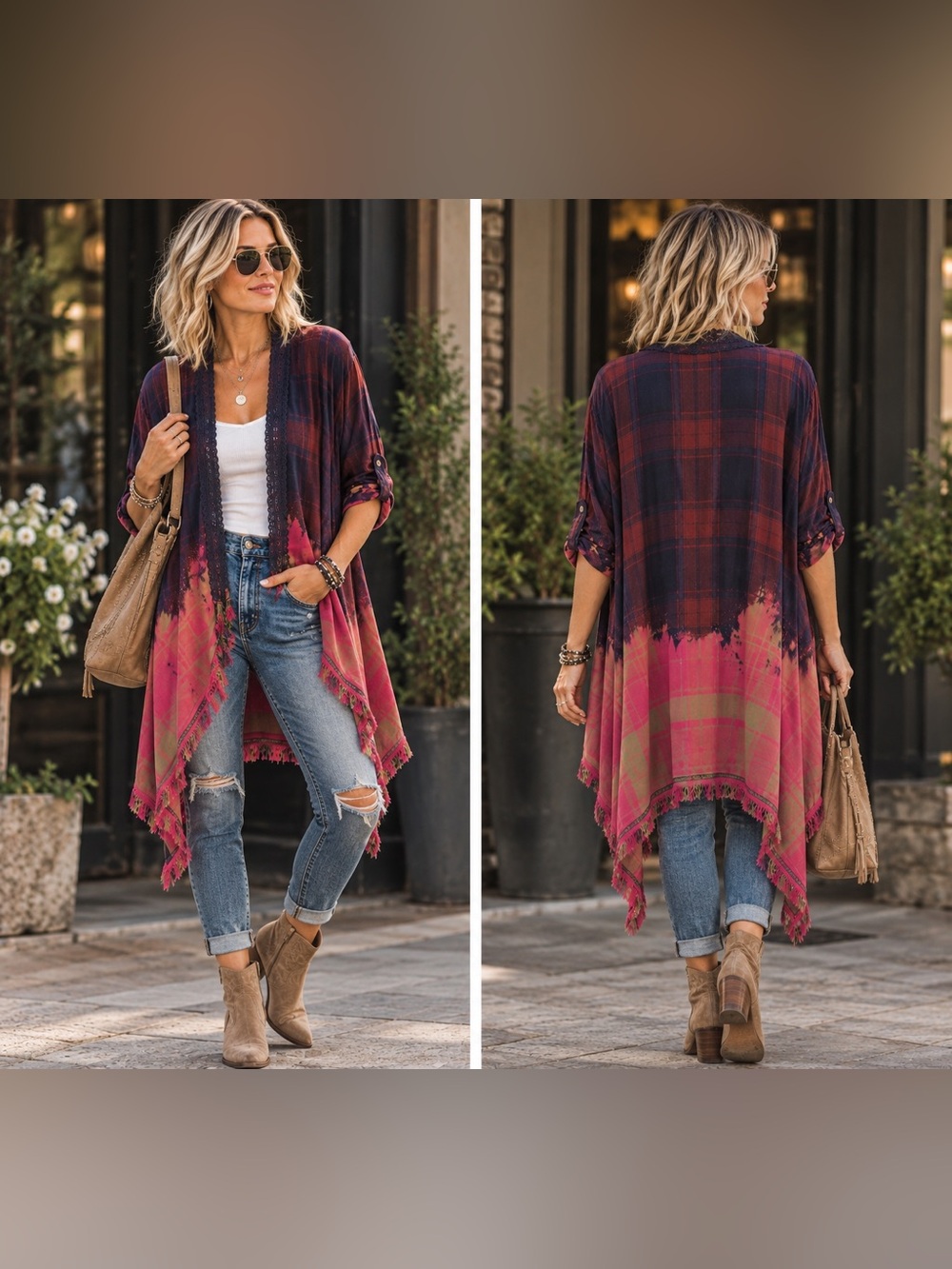 Knox Rose Medium Upcycled Plaid Kimono OOAK Bleach Dip Boho Duster
